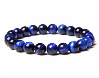 Handmade Blue Tiger's Eye Bracelet: Color-Enhanced Gemstone Stretch Jewelry