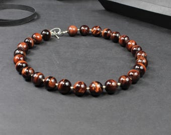 Red Tiger's Eye Beaded Necklace: 8mm Smooth Round Meditation Choker