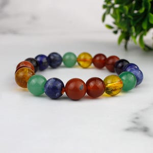 Seven Chakra Rainbow Gemstone Bracelet, 7 Chakra Stone Bracelet, Meditation Crystal Healing Bracelet, Stacking Bracelet, Evil Eye Protection