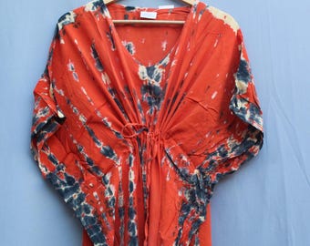 Handmade Tie-Dyed Kaftan: Coral Orange Spiral, Plus Size Maternity Cover-Up