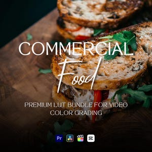 Puede incluir: Un anuncio de producto digital con sándwiches tostados, rúcula y pimientos rojos. El texto dice: PAL M CREATIVES, COMMERCIAL Food, PREMIUM LUT BUNDLE FOR VIDEO COLOR GRADING, con cuatro iconos de software para edición de video.