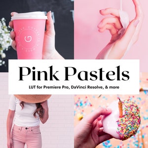 Puede incluir: Un collage de imágenes con colores rosa y blanco. Las imágenes incluyen una taza de café rosa, una mano con crema blanca, una mujer con un sombrero rosa y pantalones rosas, y una rosquilla rosa con chispas de colores.