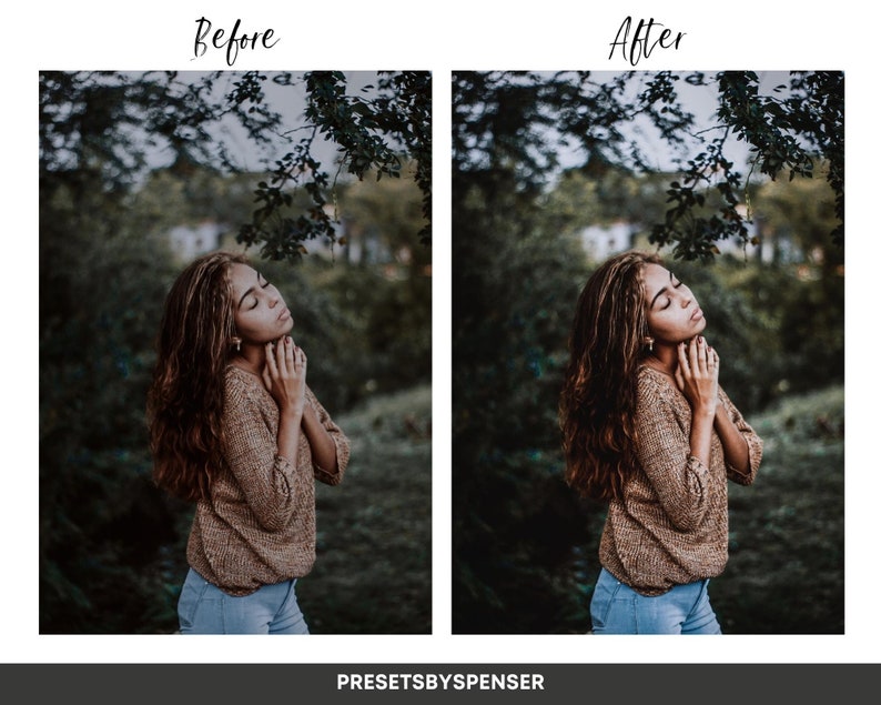 May include: A woman with long brown hair is standing in a woodland. She is wearing a brown jumper and blue jeans. The trees are green and the light is soft.