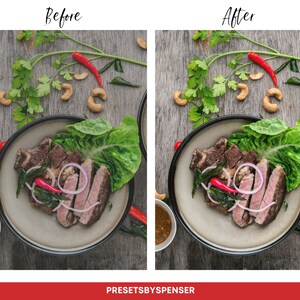 Puede incluir: Vista superior de un plato con filete en rodajas, cebolla roja y un chile rojo. El plato est&aacute; rodeado de verduras frescas, anacardos y un peque&ntilde;o cuenco de salsa. El texto "Before" y "After" es visible.