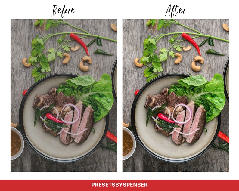 Puede incluir: Vista superior de un plato con filete en rodajas, cebolla roja y un chile rojo. El plato est&aacute; rodeado de verduras frescas, anacardos y un peque&ntilde;o cuenco de salsa. El texto "Before" y "After" es visible.
