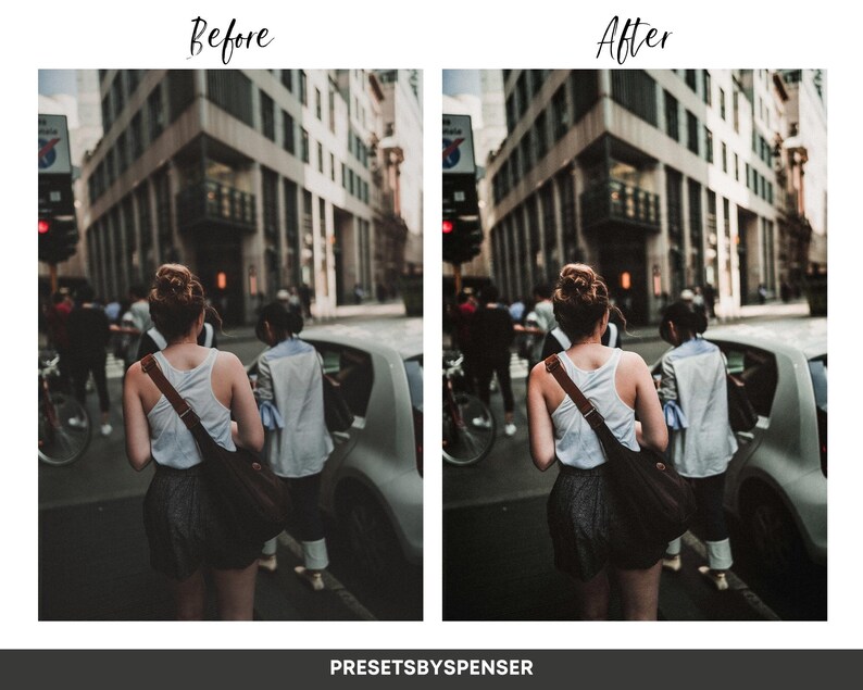 May include: A woman in a white vest top and black shorts walks down a city street. She is carrying a brown leather bag over her shoulder. The street is lined with buildings and there are other people walking around.