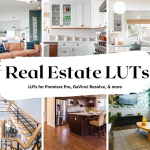 May include: A collage of images showcasing various rooms in a house, including a living room with a brown leather sofa, a kitchen with white cabinets, a staircase with wooden steps, and a living room with a green patterned wallpaper. The text "Real Estate LUTs" is superimposed on the images, with the tagline "LUTs for Premiere Pro, DaVinci Resolve, & more".
