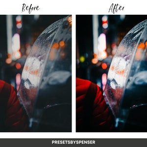 May include: A close-up of a clear umbrella with raindrops on it. The umbrella is being held by a person wearing a red jacket. The background is blurred and shows city lights.