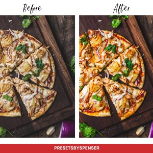 Puede incluir: Vista a&eacute;rea de una pizza con pi&ntilde;a, cebolla morada y cilantro sobre una tabla de cortar de madera. La pizza est&aacute; cortada en varios trozos, con una porci&oacute;n parcialmente retirada. La imagen tiene el texto "Before" y "After" en la parte superior, y "PRESETSBYSPENSER" en la parte inferior.