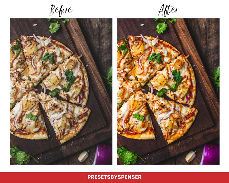 Puede incluir: Vista a&eacute;rea de una pizza con pi&ntilde;a, cebolla morada y cilantro sobre una tabla de cortar de madera. La pizza est&aacute; cortada en varios trozos, con una porci&oacute;n parcialmente retirada. La imagen tiene el texto "Before" y "After" en la parte superior, y "PRESETSBYSPENSER" en la parte inferior.