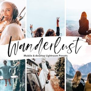 May include: A collage of travel-themed photos with the word "Wanderlust" in a handwritten font. The photos show people enjoying outdoor activities, including a hot air balloon ride, mountain views, and a swing.
