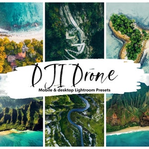 Puede incluir: Un collage de fotografías aéreas tomadas con un dron, mostrando paisajes pintorescos, incluyendo una playa con palmeras, un camino sinuoso a través de un valle verde exuberante y una pequeña isla con una playa de arena. El texto "DJI Drone Mobile & desktop Lightroom Presets" está superpuesto a las imágenes.
