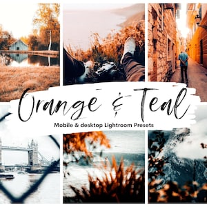 Könnte beinhalten: Eine Collage von Bildern, die eine Sammlung von Lightroom-Presets namens "Orange & Teal" für Mobilgeräte und Desktops zeigt. Die Bilder zeigen eine Vielzahl von Szenen mit warmen Orangetönen und kühlen Türkistönen, darunter eine Brücke, einen Strand, eine Stadtstraße und einen Wald.