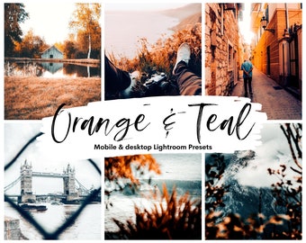 May include: A collage of images showcasing a collection of Lightroom presets called "Orange & Teal" for mobile and desktop use. The images feature a variety of scenes with warm orange and cool teal tones, including a bridge, a beach, a city street, and a forest.