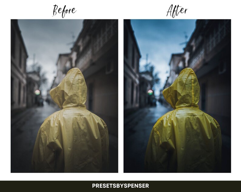 Op de afbeelding: Een persoon in een gele regenjas loopt over straat in een stad. De straat is omzoomd met gebouwen en de lucht is bewolkt.