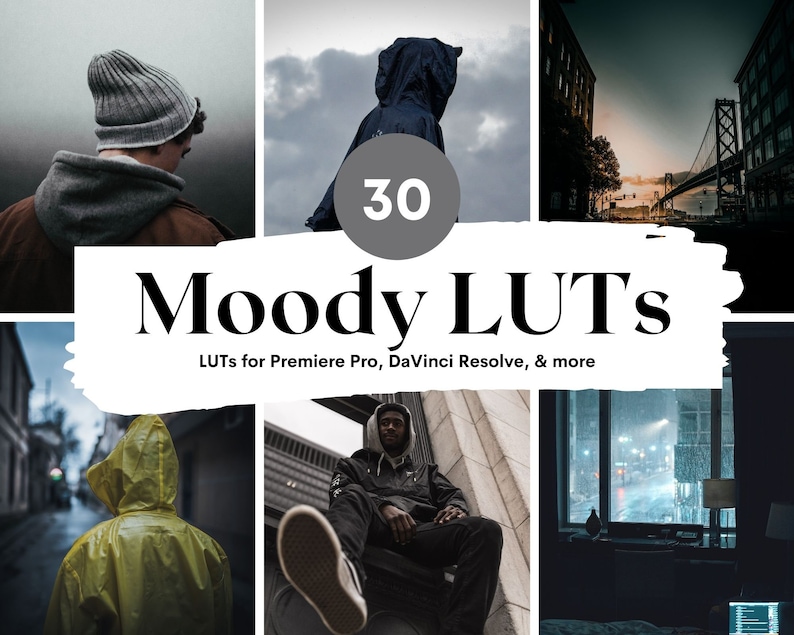 Op de afbeelding: Een collage van afbeeldingen die 30 sfeervolle LUT's voor videobewerkingssoftware zoals Premiere Pro, DaVinci Resolve en meer laten zien. De afbeeldingen tonen een verscheidenheid aan sc&egrave;nes met verschillende belichtingen en kleurpaletten, waaronder een persoon met een capuchon, een straat in de stad 's nachts en een raam met uitzicht op een regenachtige stad.