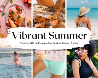May include: A collage of summer-themed images, including ice cream cones, sandals, a woman in a hat on a beach, a woman running into the ocean, a woman holding an ice cream cone, and a woman wearing sunglasses. The text "Vibrant Summer" is written in black on a white background with a brushstroke effect. The text "Premium LUTs for Premiere Pro, DaVinci Resolve, & more" is written in black below the title.
