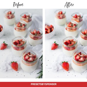 Puede incluir: Postres en peque&ntilde;os tarros de cristal, cada uno con una base cremosa blanca, una capa marr&oacute;n claro y cubiertos con fresas frescas cortadas en dados. La imagen incluye fresas enteras y un peque&ntilde;o cuenco con fresas cortadas en dados. El texto "Before" y "After" es visible.