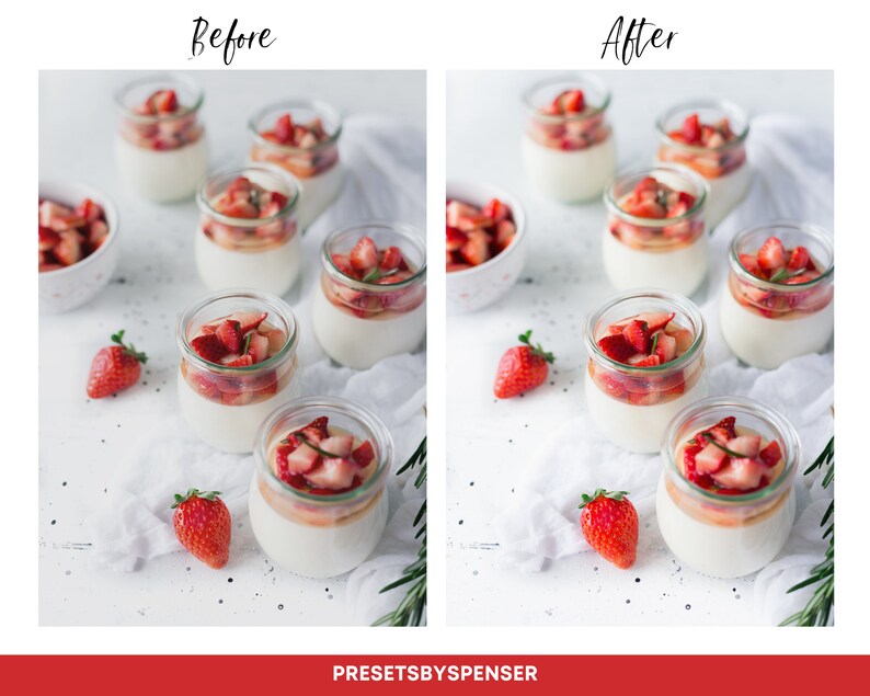 Puede incluir: Postres en peque&ntilde;os tarros de cristal, cada uno con una base cremosa blanca, una capa marr&oacute;n claro y cubiertos con fresas frescas cortadas en dados. La imagen incluye fresas enteras y un peque&ntilde;o cuenco con fresas cortadas en dados. El texto "Before" y "After" es visible.