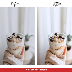 Puede incluir: Un vaso transparente lleno de capas de yogur, granola y ar&aacute;ndanos. El vaso est&aacute; sostenido en una mano que lleva un su&eacute;ter beige. La imagen tiene el texto "Before" y "After" en la parte superior y "PRESETSBYSPENSER" en la parte inferior.