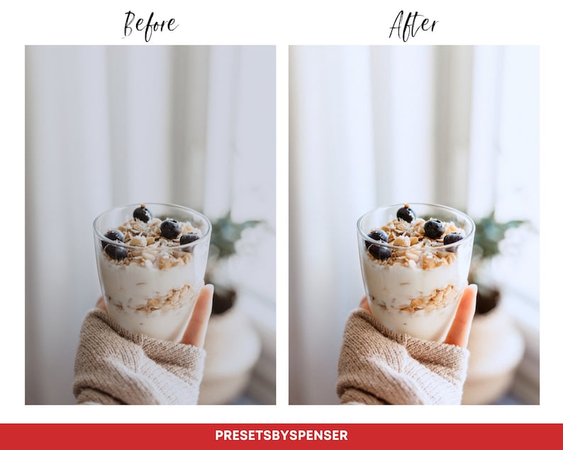 Puede incluir: Un vaso transparente lleno de capas de yogur, granola y ar&aacute;ndanos. El vaso est&aacute; sostenido en una mano que lleva un su&eacute;ter beige. La imagen tiene el texto "Before" y "After" en la parte superior y "PRESETSBYSPENSER" en la parte inferior.