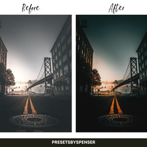 Op de afbeelding: Een voor- en na-afbeelding die een fotobewerkingseffect laat zien. De voor-afbeelding is een donkere, bewolkte foto van een brug in een stad. De na-afbeelding is een warmere, levendigere foto van dezelfde brug.