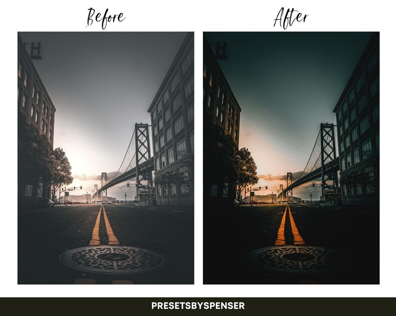 Op de afbeelding: Een voor- en na-afbeelding die een fotobewerkingseffect laat zien. De voor-afbeelding is een donkere, bewolkte foto van een brug in een stad. De na-afbeelding is een warmere, levendigere foto van dezelfde brug.