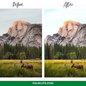 Puede incluir: Una imagen antes y despu&eacute;s que muestra la diferencia de color y contraste de una foto. La imagen antes es un poco apagada y la imagen despu&eacute;s es m&aacute;s brillante y vibrante. Ambas im&aacute;genes muestran una cordillera con una gran formaci&oacute;n rocosa en el centro. Hay &aacute;rboles en primer plano y dos ciervos en un campo de hierba.