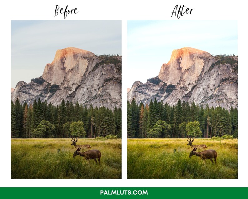 Puede incluir: Una imagen antes y despu&eacute;s que muestra la diferencia de color y contraste de una foto. La imagen antes es un poco apagada y la imagen despu&eacute;s es m&aacute;s brillante y vibrante. Ambas im&aacute;genes muestran una cordillera con una gran formaci&oacute;n rocosa en el centro. Hay &aacute;rboles en primer plano y dos ciervos en un campo de hierba.