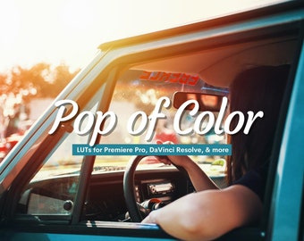 May include: A vintage car with a person driving. The car is blue and the text "Pop of Color" is visible on the image. The text "LUTs for Premiere Pro, DaVinci Resolve, & more" is also visible on the image.