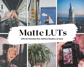 May include: A collage of images showcasing the use of matte LUTs for video editing. The images include a woman walking down a hallway, a street sign with Chinese characters, a blue box with a sailboat drawing, a cityscape with a tall building, a plant with green and white striped leaves, and a hand holding a camera with a pink flower image on the screen. The text "Matte LUTs" is written in bold white letters on a white background with a white brush stroke effect.
