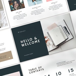 May include: A presentation template with a dark blue background and white text that says "Hello & Welcome". The template includes a table of contents with numbers 4, 10, and 15. The template also includes a slide with a notebook and pens on a white surface.