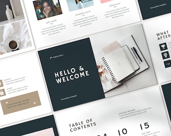 Puede incluir: Una plantilla de presentación con un fondo azul oscuro y texto blanco que dice "Hello & Welcome". La plantilla incluye una tabla de contenido con los números 4, 10 y 15. La plantilla también incluye una diapositiva con un cuaderno y bolígrafos sobre una superficie blanca.