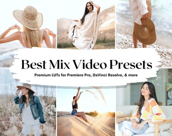 Peut inclure: Un collage d'images de style de vie mettant en scène des femmes dans divers environnements extérieurs. Les images incluent des femmes portant des chapeaux, des robes et des vestes en jean. Le texte superposé indique "Best Mix Video Presets" et "Premium LUTs for Premiere Pro, DaVinci Resolve, & more."