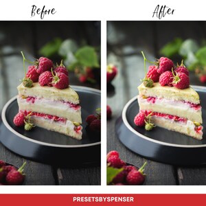 Puede incluir: Una porci&oacute;n de pastel en capas con glaseado blanco y frambuesas frescas encima, presentada en un plato negro. El pastel est&aacute; adornado con pistachos verdes y se encuentra sobre una superficie de madera oscura. Incluye el texto "Antes" y "Despu&eacute;s".