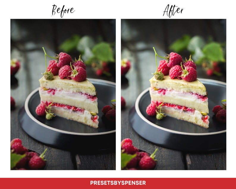 Puede incluir: Una porci&oacute;n de pastel en capas con glaseado blanco y frambuesas frescas encima, presentada en un plato negro. El pastel est&aacute; adornado con pistachos verdes y se encuentra sobre una superficie de madera oscura. Incluye el texto "Antes" y "Despu&eacute;s".