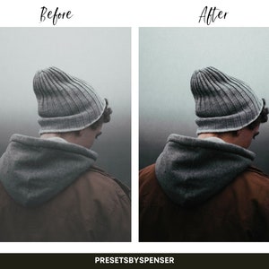 Op de afbeelding: Een persoon draagt ​​een grijze beanie en een bruin jack, staand voor een mistige achtergrond. De afbeelding toont het verschil tussen een voor- en nafotobewerking.