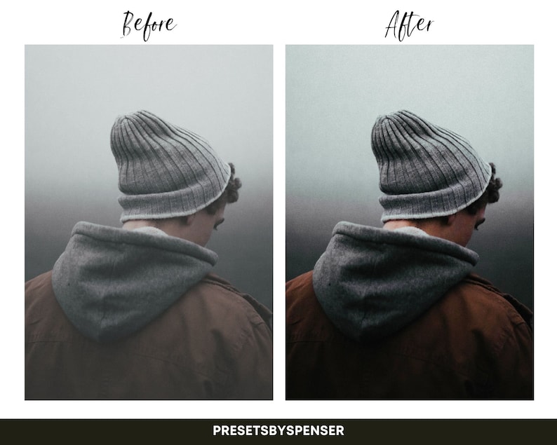 Op de afbeelding: Een persoon draagt ​​een grijze beanie en een bruin jack, staand voor een mistige achtergrond. De afbeelding toont het verschil tussen een voor- en nafotobewerking.