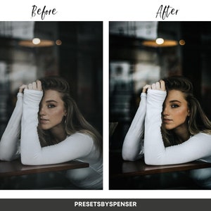 May include: A woman with long brown hair is wearing a white long-sleeved shirt. She is sitting at a table with her hand covering part of her face. The background is a dark, blurry image of a city street.
