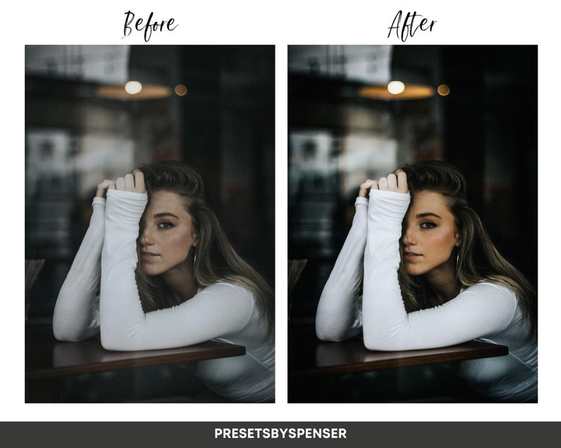 May include: A woman with long brown hair is wearing a white long-sleeved shirt. She is sitting at a table with her hand covering part of her face. The background is a dark, blurry image of a city street.