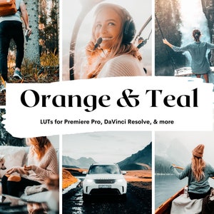May include: A collage of images featuring a variety of scenes, including a person walking in a forest, a woman in a helicopter, a woman on a swing, a woman sitting on a couch with a dog, a car driving on a road, and a woman in a canoe. The images are all edited with an orange and teal color scheme. The text "Orange & Teal" is displayed in the center of the collage, along with the text "LUTs for Premiere Pro, DaVinci Resolve, & more".