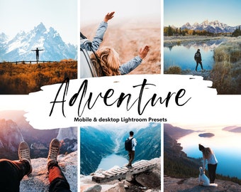 May include: A collage of images featuring scenic mountain landscapes with people enjoying outdoor adventures. The text "Adventure" is written in a stylized font with the words "Mobile & desktop Lightroom Presets" below it.