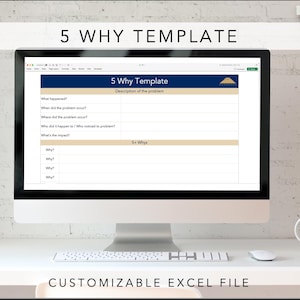 May include: A computer monitor displays a "5 Why Template" in an Excel file. The screen shows a table with prompts for problem analysis. A white keyboard, mouse, and coffee mug are on the desk. The text "CUSTOMIZABLE EXCEL FILE" is at the bottom.