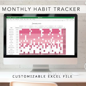 Puede incluir: Un monitor de computadora que muestra una hoja de cálculo de Excel personalizable para realizar un seguimiento de los hábitos. La hoja de cálculo se titula "Seguimiento de hábitos mensual" y muestra una cuadrícula de calendario con cuadrados de colores que representan los hábitos completados. El mes que se muestra es enero de 2022.