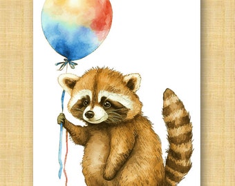 Geburtstagskarte Waschbär, Luftballon, Postkarte, Geburtstag, Einladung, watercolor, Geburtstagseinladung, Kindergeburtstag (Variante 28)