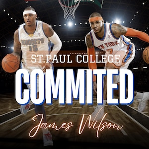 May include: Two basketball players in uniform stand on a basketball court. The player on the left is wearing a blue and white Denver Nuggets jersey with the number 15. The player on the right is wearing an orange and white New York Knicks jersey with the number 7. The text "ST. PAUL COLLEGE COMMITTED James Wilson" is written in white letters on a brown background.