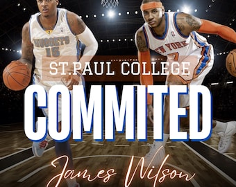 May include: Two basketball players in uniform stand on a basketball court. The player on the left is wearing a blue and white Denver Nuggets jersey with the number 15. The player on the right is wearing an orange and white New York Knicks jersey with the number 7. The text "ST. PAUL COLLEGE COMMITTED James Wilson" is written in white letters on a brown background.