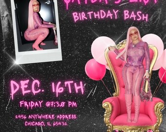 Może przedstawiać: Różowe i czarne zaproszenie na przyjęcie urodzinowe ze zdjęciem kobiety w różowym stroju. Zaproszenie zawiera napis "JAYDA'S 21ST BIRTHDAY BASH" oraz "DEC. 16TH FRIDAY @7:38 PM 2456 ANYWHERE ADDRESS CHICAGO, IL 65432 RSVP 755-567-5674".