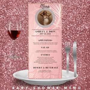 Babyparty-Menükarte, Prinzessin-Babyparty-Menü, Glitter-Menü, bearbeitbares Printable, Pink, es ist ein Mädchen