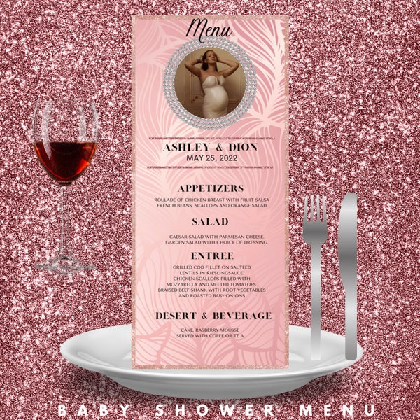 Baby shower menu card ,Princess Baby Shower Menu, Glitter Menu, Printable editable  , Pink, it’s a girl